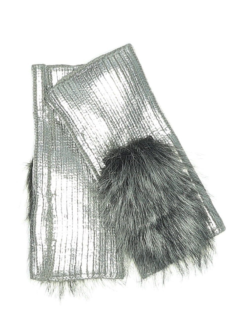 Adrienne Landau Silver Metallic Gloves with Faux Fur Cuffs